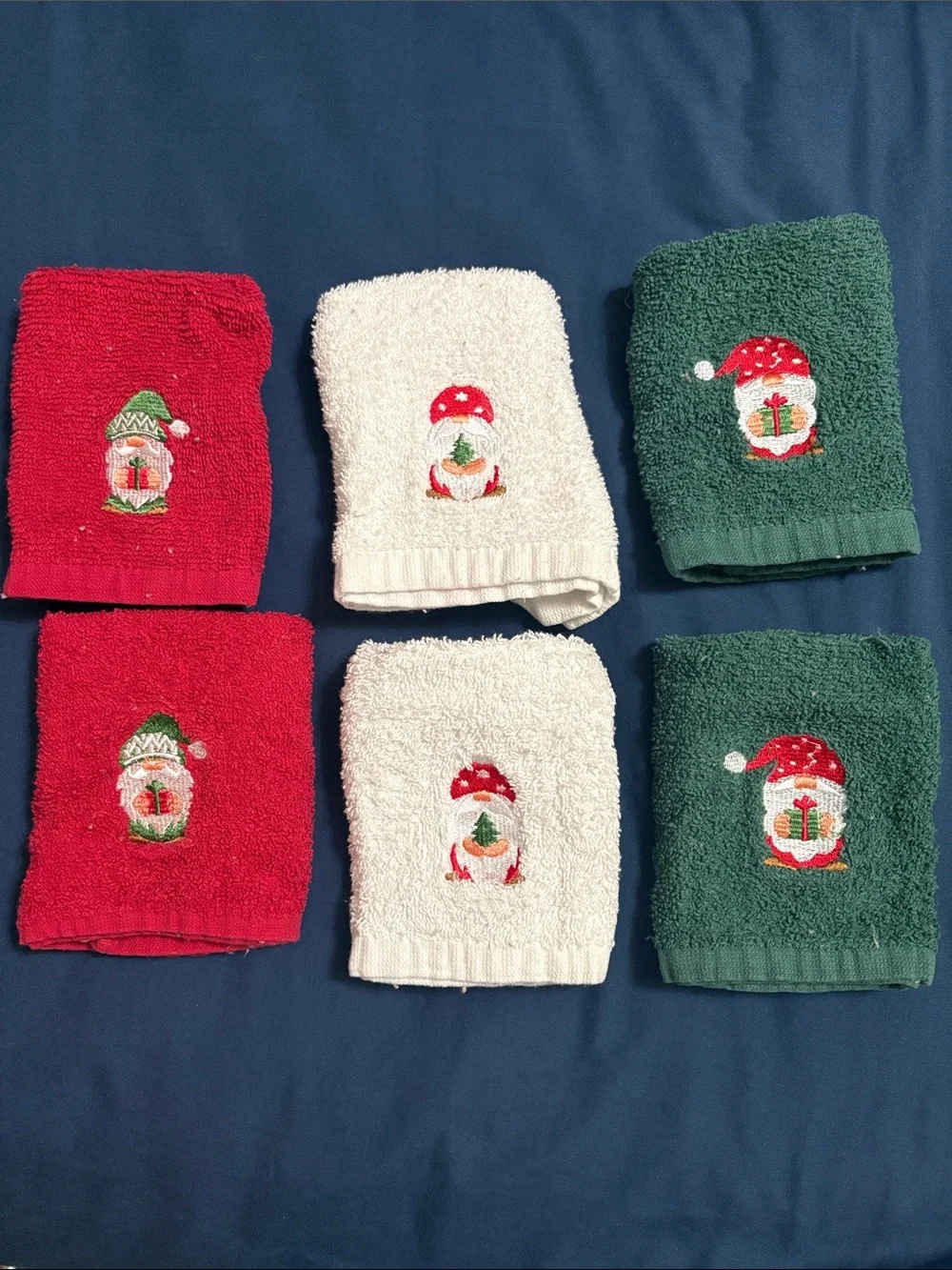 Set of 6 Holiday Gnome Hand Towels - Red, White, Green